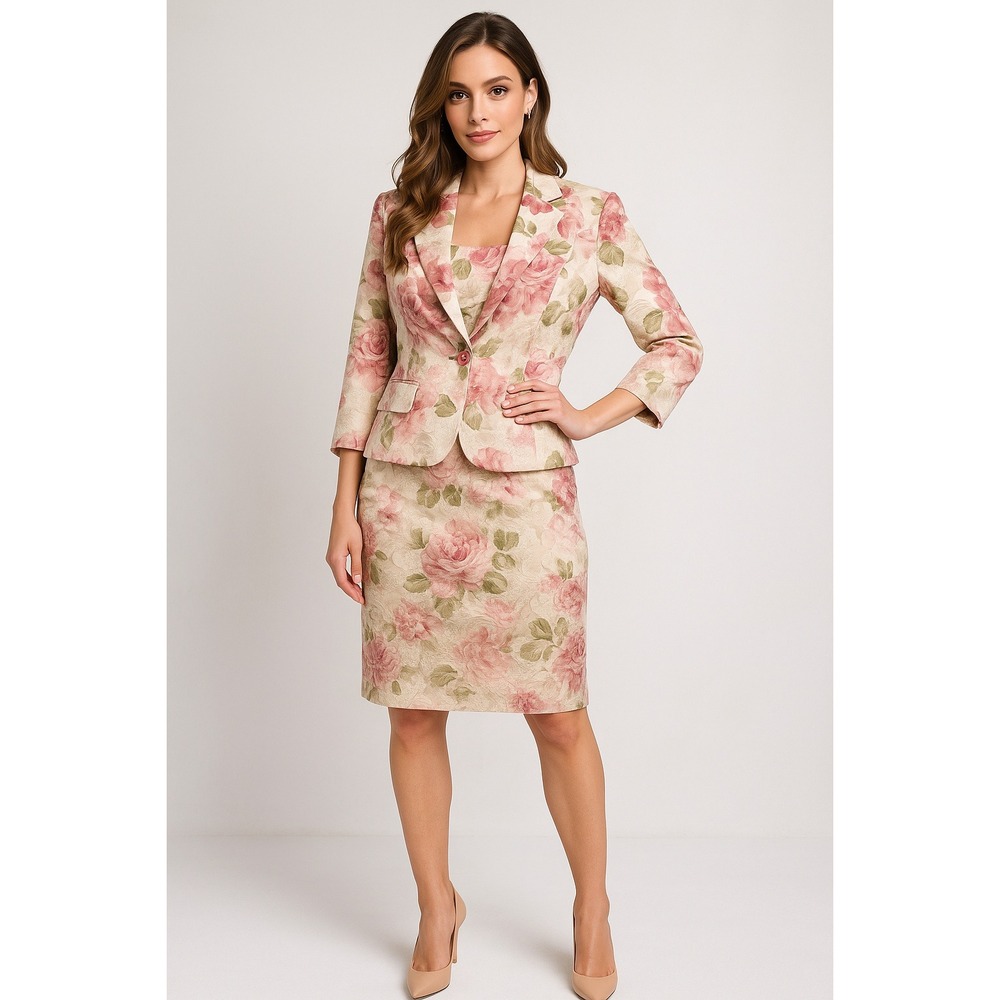Newport News Jacket Dress Set Womens 10 Pink Green Floral Jacquard Formal Retro